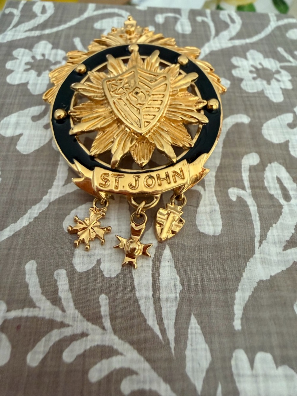 St. John Gold and Black Heraldic Shield Brooch with Dangles - Picture 2 of 5